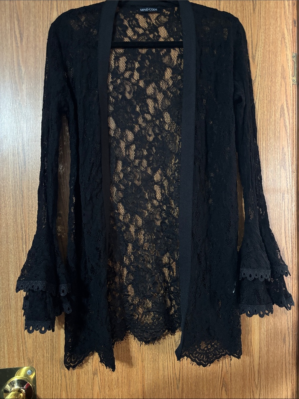 Mind Code Black Floral Lace Open-Front Cardigan with Bell Sleeves
